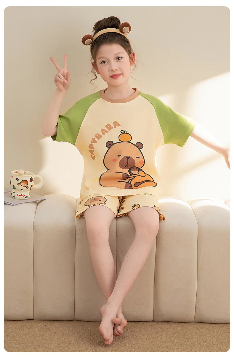 Capybara Pajama Sets 2025 Summer Teen Girls Cartoon Short Sleeved Tops Shorts 2pcs Kids Sleepwear Children Nightgown Loungewear