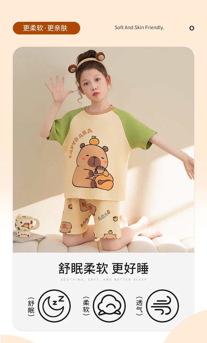 Capybara Pajama Sets 2025 Summer Teen Girls Cartoon Short Sleeved Tops Shorts 2pcs Kids Sleepwear Children Nightgown Loungewear