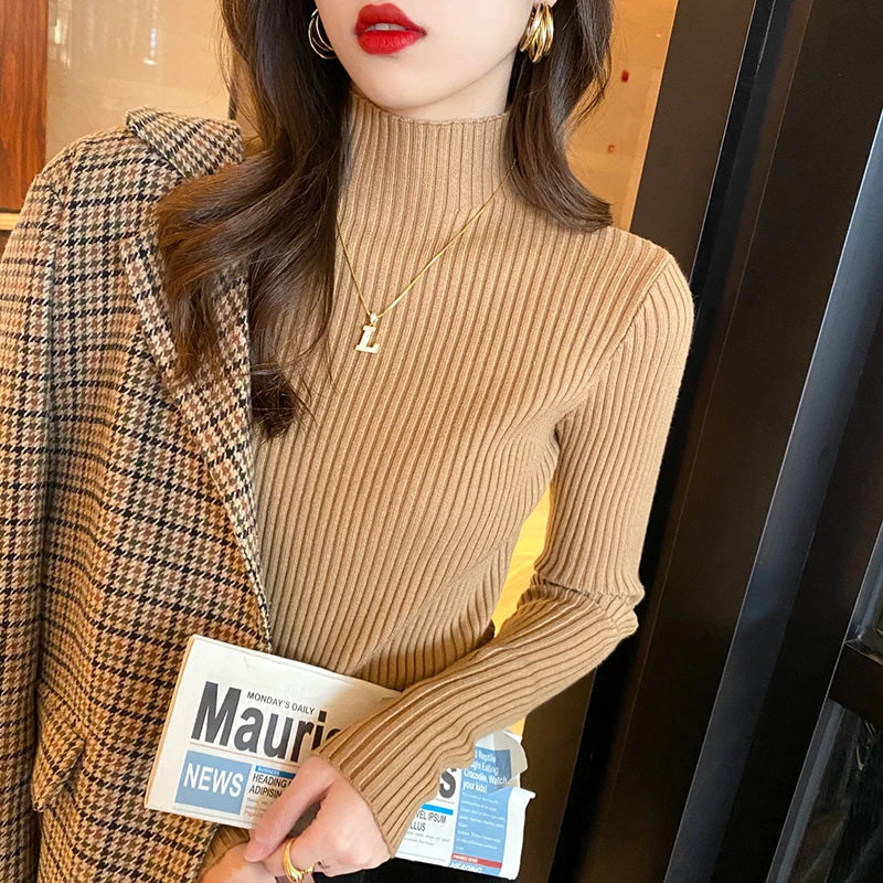 Winter Long Sleeve Mock Neck Knitted Women Sweater Pullover Slim Knit Sweater Women Tops Blusas Mujer De Moda 2024 Blusa J995