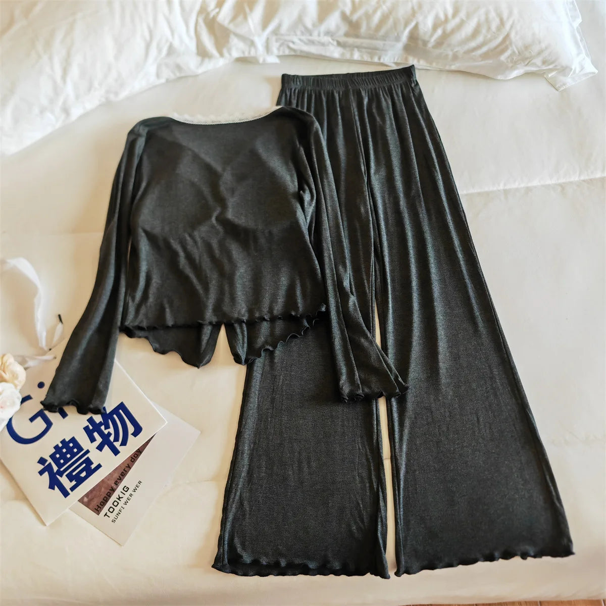 Pijama Feminina New Modal Chest Pad Set 2 Piece Woman Long Sleeve Pajama Sets Casual Korean Sleepwear Pyjamas Femme Home Wear