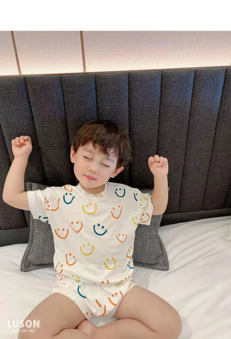 Summer Home Clothes Air-conditioned Clothes Boys and Girls Ice Silk Fabric Loose Short Sleeved Shorts Two-piece Set of Pajamas