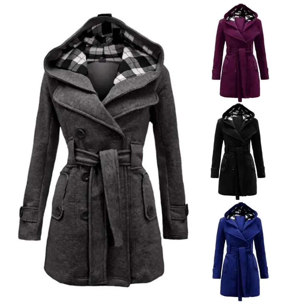British Style Women Woolen Coat with Belt 2025 Double-Breasted Winter Coat Women's Jacket Double Neckline Plaid Hooded Overcoat