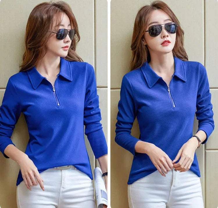 Polo Neck T Shirt for Women Long Sleeve Woman Tshirt Autumn Winter Slim Shirts Youthful Elegant Clothing Trend 2025 Polyester In