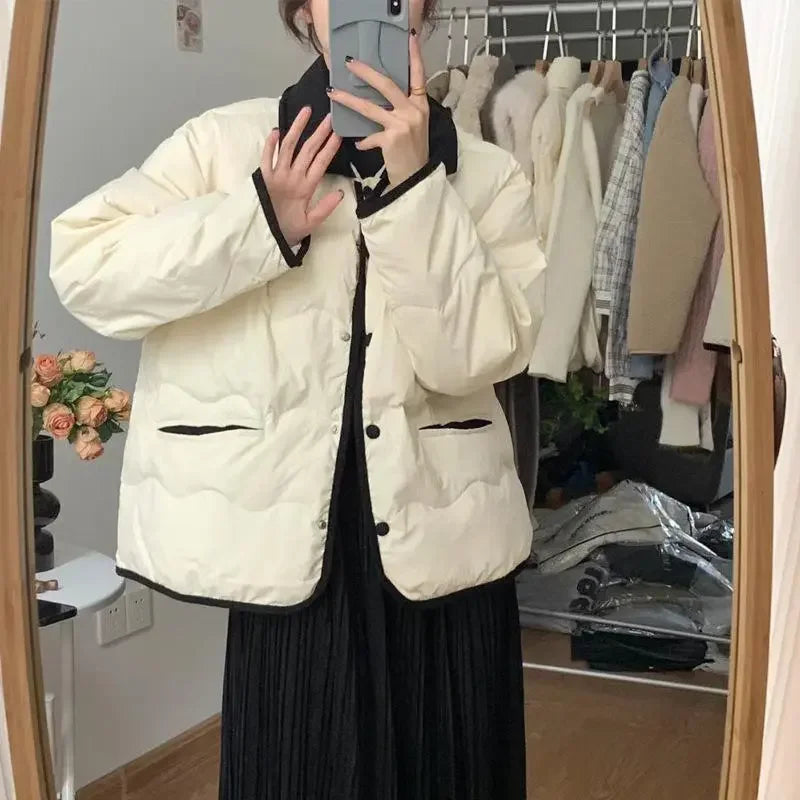 Women Casual Down Coats Korean Fashion Cotton Padded Jacket Female Autumn Winter Long Sleeve Single Breasted Warm Solid Coat