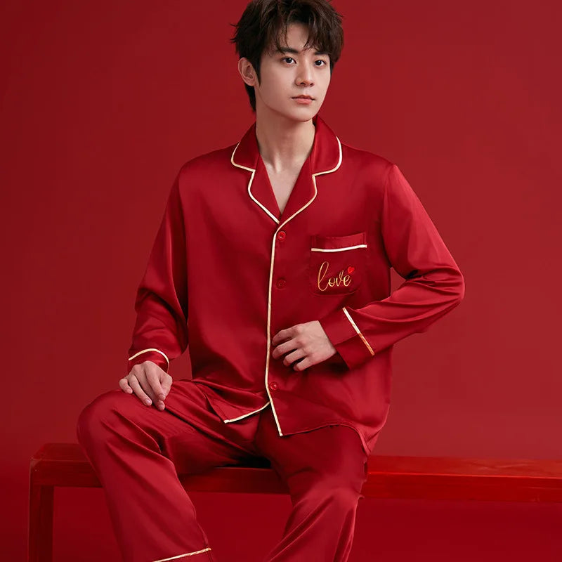 Couples Casual Red Pajamas Ice Silk Women Mens Pajama Pants Sets Satin Long Sleeve Sleepwear Home Pijama Night Wear Loungewear