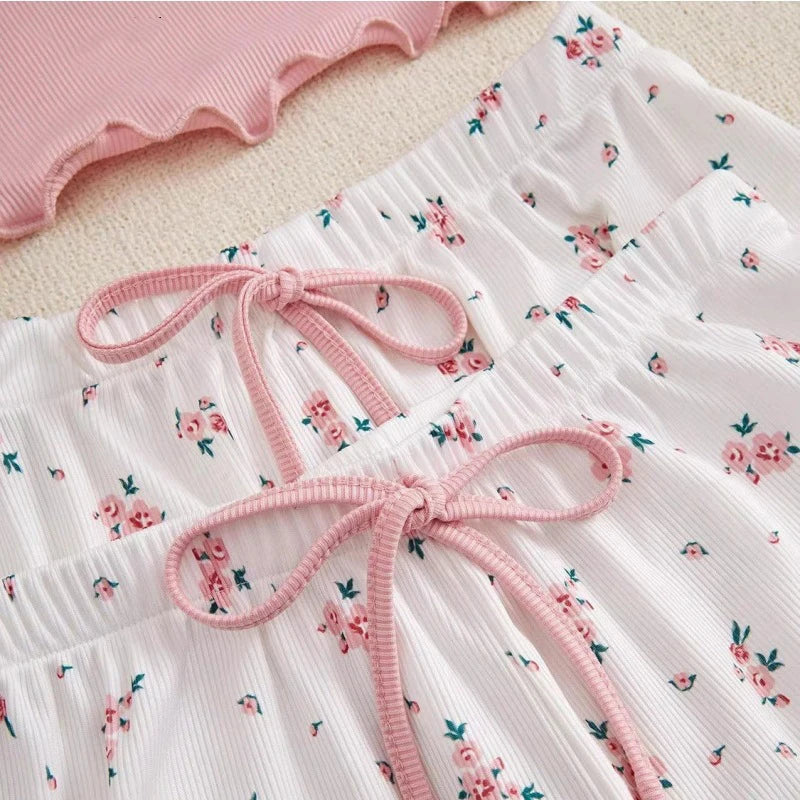Women's Pink Cami Pajama Set Floral Print Wide Leg Pants Lace Trim Ribbed Sleepwear Soft Comfortable Pj Set New Trendy Fashion