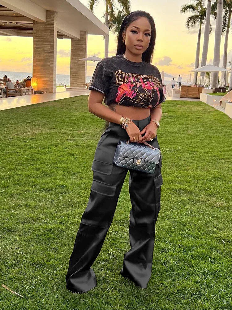 Women Pants Spring Summer Casual Satin Stretch High Waist Cargo Pants With Pocket Streetwear Solid Wide Leg Pants Flare Trouser