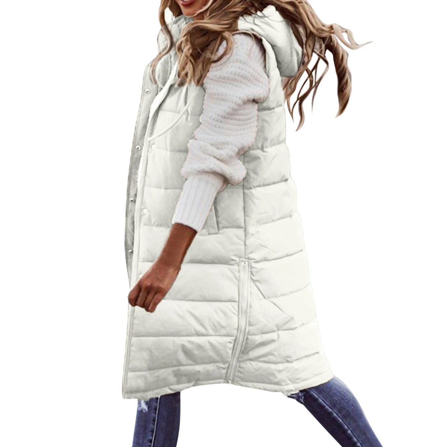 Women's Long Coat Vest With Hood Autumn Winter Sleeveless Warm Cotton Down Coat Waistcoat Quilted Vest Down Jacket Outwear 2XL