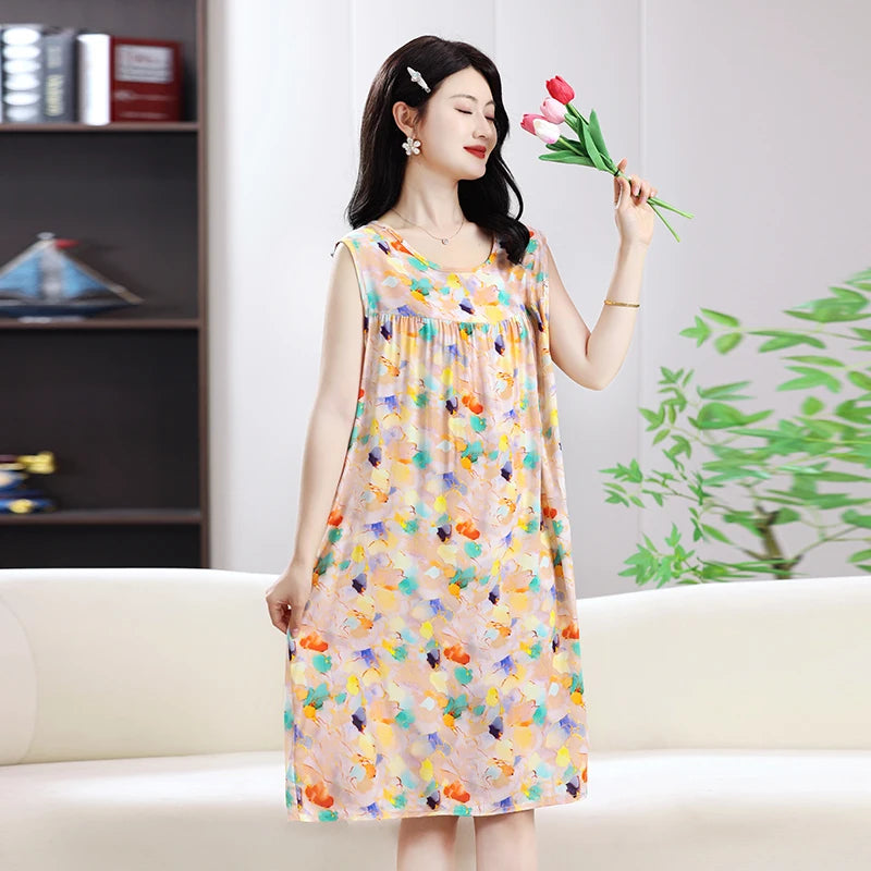 2025 New Women's Spwear Cotton Silk Nightgown round Ne Mid-Length Svel Dr Artificial Cotton Home Clothes