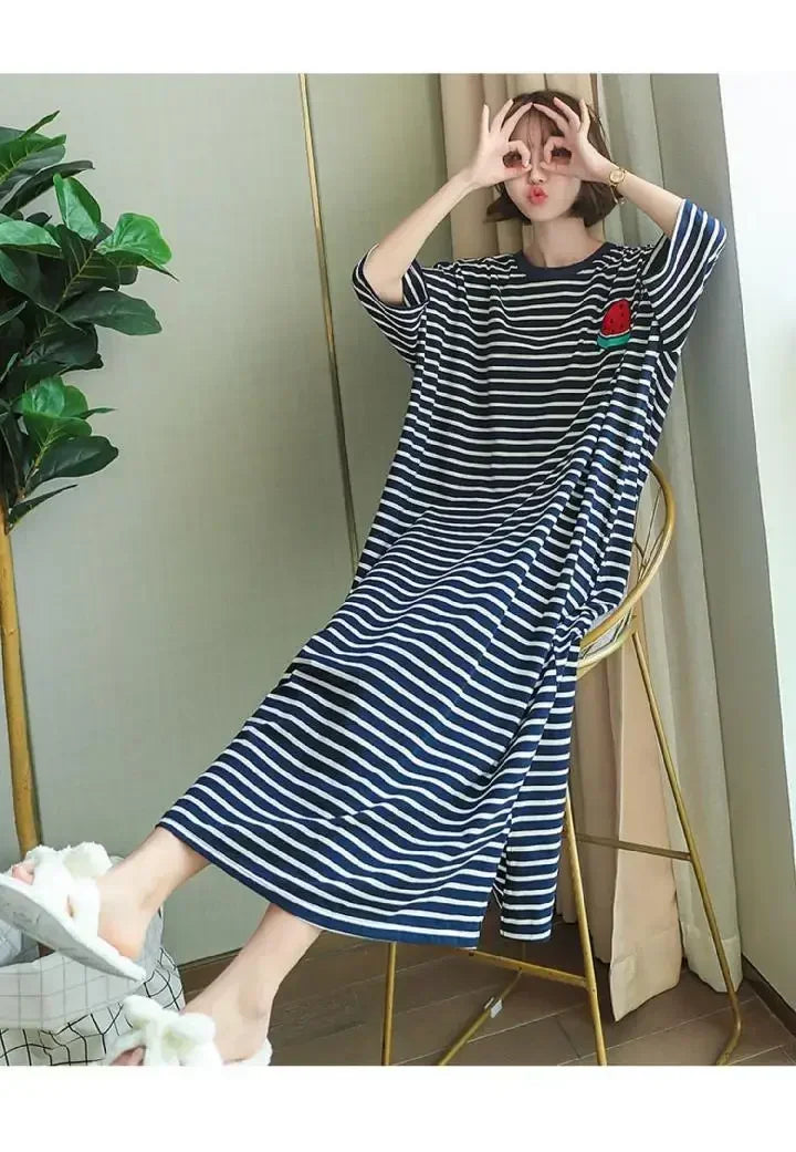 Summer Pajama Dress Female Short-Sleeved Cartoon Homewear Lengthened Plus Size Striped Student Pajamas Easy To Wash Long Clothes