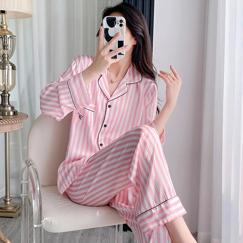 Pink Striped Pajama Set Loungewear Long Sleeves Pants Home Wear Women's Printed Lapel Sleepwear Satin Loose Casual Nightwear