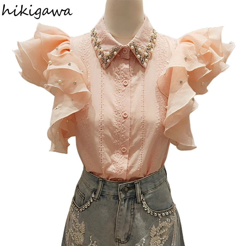 2025 Blusas Mujer De Moda Sweet Blouse Diamond Flying Sleeve Ruffles Pink Shirts Temperament Summer Blouses Tops Women Clothing