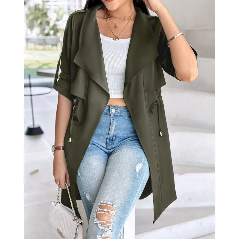 Women's Winter Autumn Casual Loose Solid Color Coat Ladies Fashion Long Sleeves Mid Length Windbreaker Coat