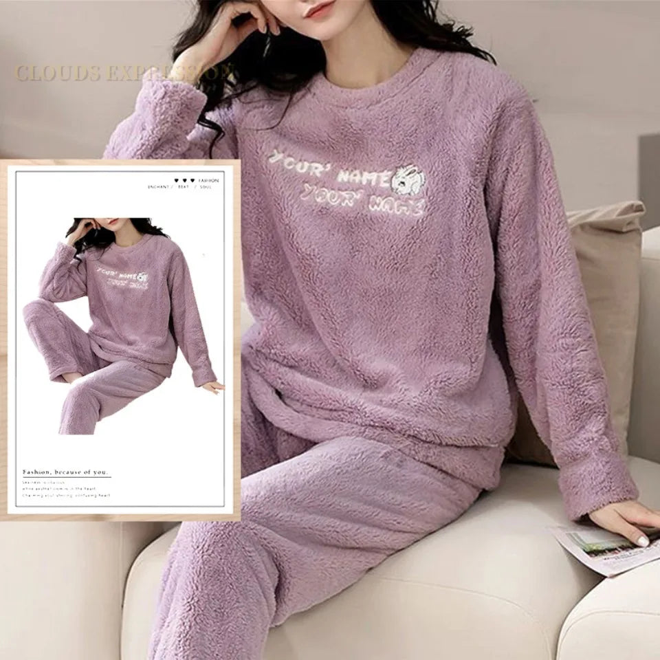 Autumn Winter Flannel Women's Pajamas Sets Polka Dots Printed Teddy Sleepwear Velvet Homewear Kawaii Girsl Pijamas Mujer Pyjama