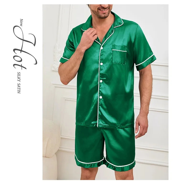Men's Pajamas Set For Summer Short Sleeve Pocket Button Down Shirt & Shorts Pyjama Loungewear Set Sleepwear Pijama Home Clothing