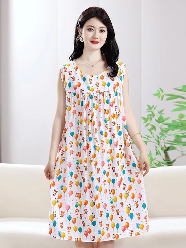 2025 New Women's Spwear Cotton Silk Nightgown round Ne Mid-Length Svel Dr Artificial Cotton Home Clothes