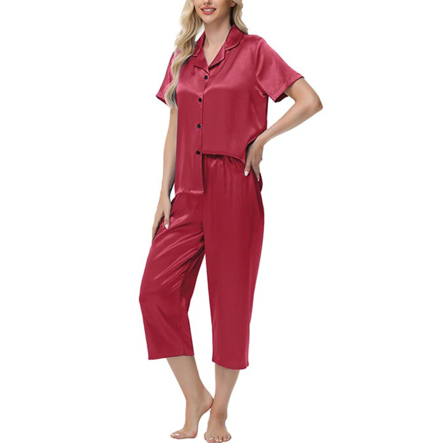 Women'S Pajama Set Burgundy Silky Fabric Short Sleeve Fashion Pants Home Clothes Bedroom Leisure Scene Stay At Home