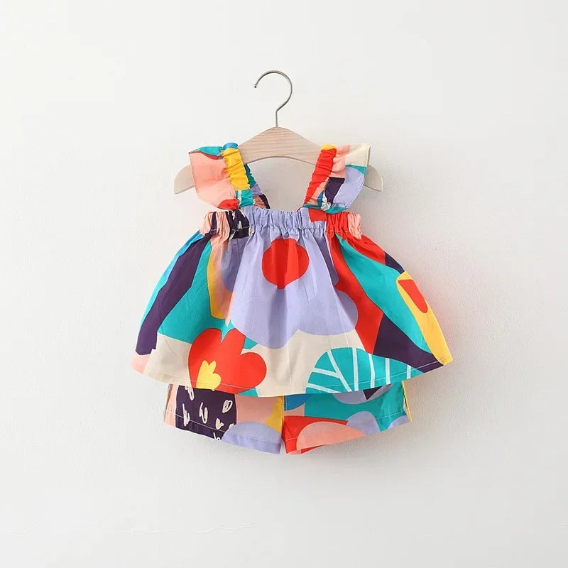 Summer Baby Girls Clothing Sets Suspender Top Color Matching Floral Vest + Children'S Casual Pants Little Kids Clothes Suit