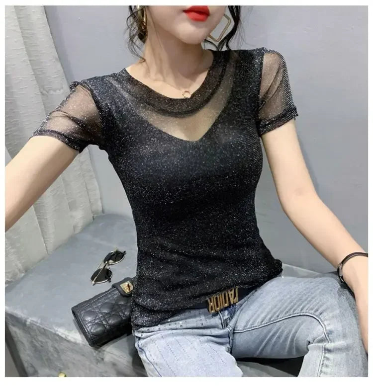 Summer Women Clothing 2025 New Half-sleeved Fashionable Short-sleeved T-shirt Hollow Mesh Top Lace Pullover