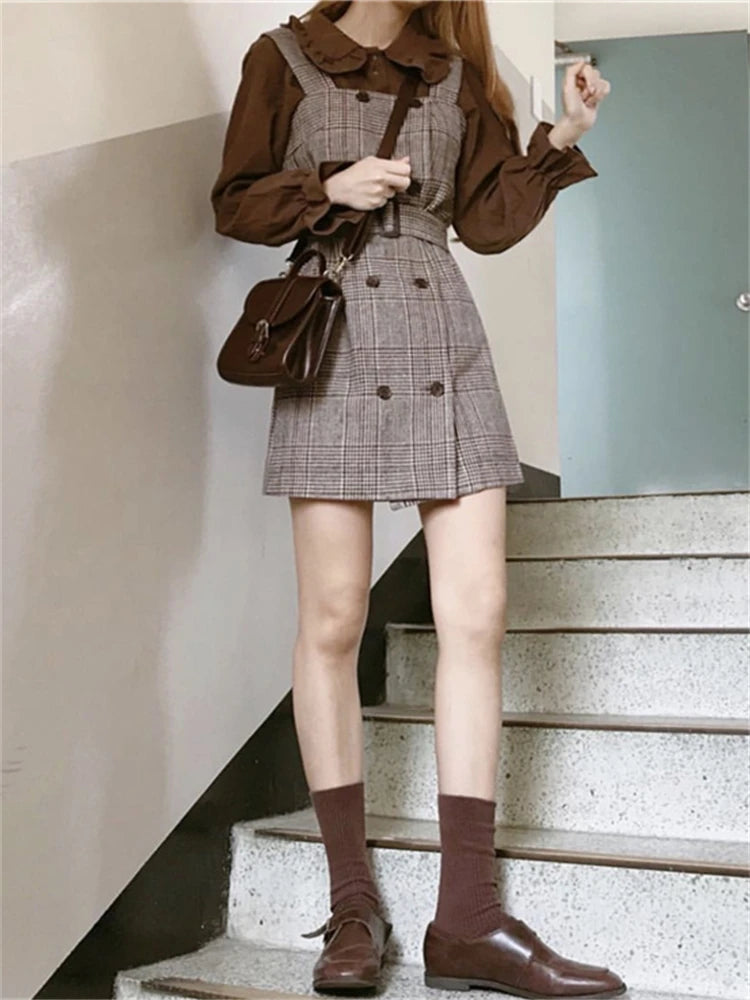 Girl Plaid blouse Vintage Dress suits Women Dresses Female Sundress suit braces Robe Femme Vestido separately 2 piece set women
