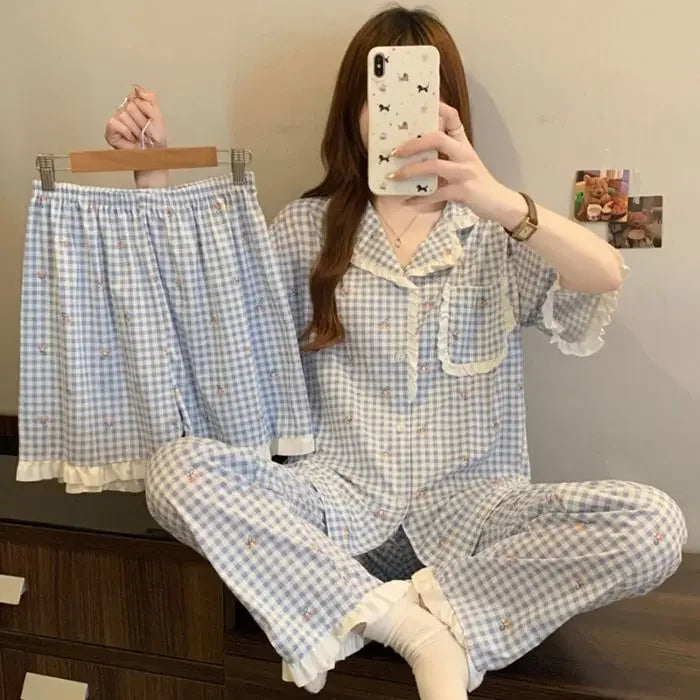 Women's Pajamas Cherry Plaid Print Sleepwear Button Top Korean Casual 3 Piece Suit Pyjama Femme Nightwear Loungewear for Summer