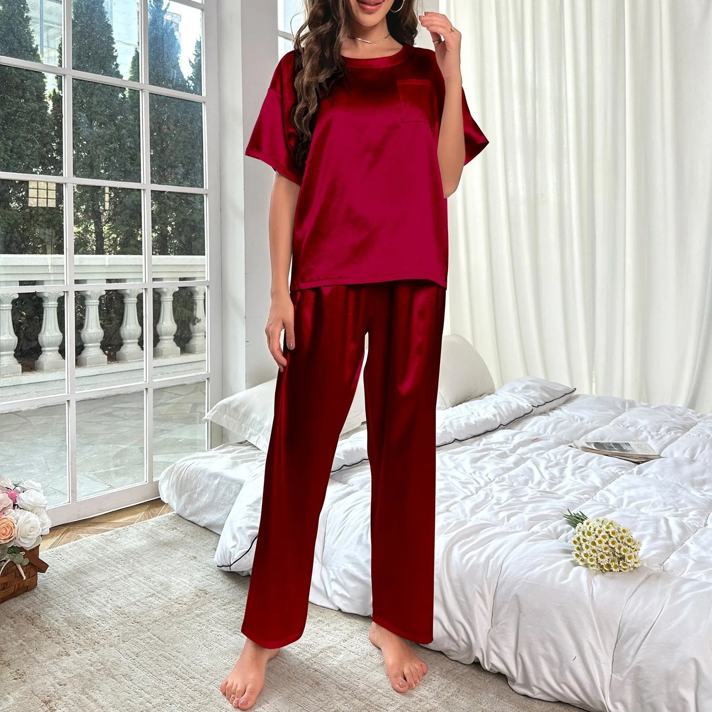 High Quality Casual Ice Silk Loose Pajamas Set Short Sleeved Long Pants Comfortable Pajama Set Daily Home Clothes Pajama Set
