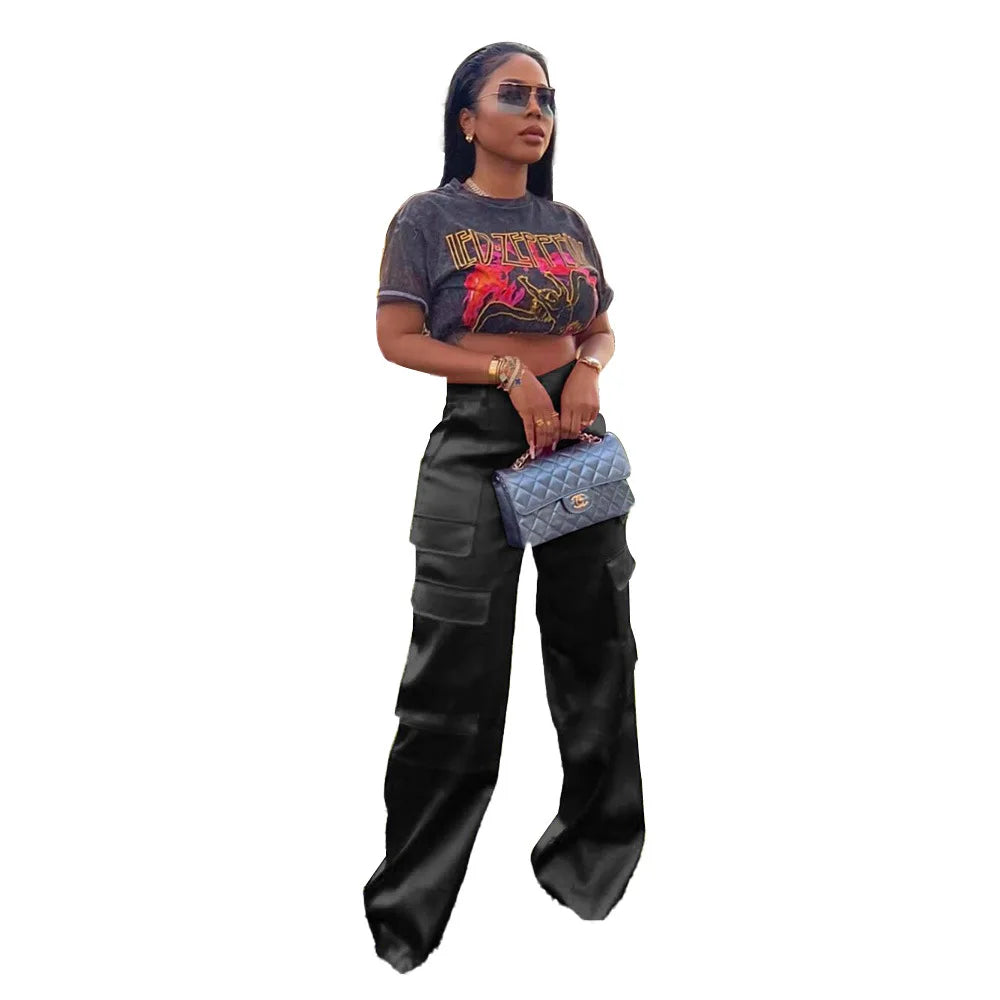 Women Pants Spring Summer Casual Satin Stretch High Waist Cargo Pants With Pocket Streetwear Solid Wide Leg Pants Flare Trouser