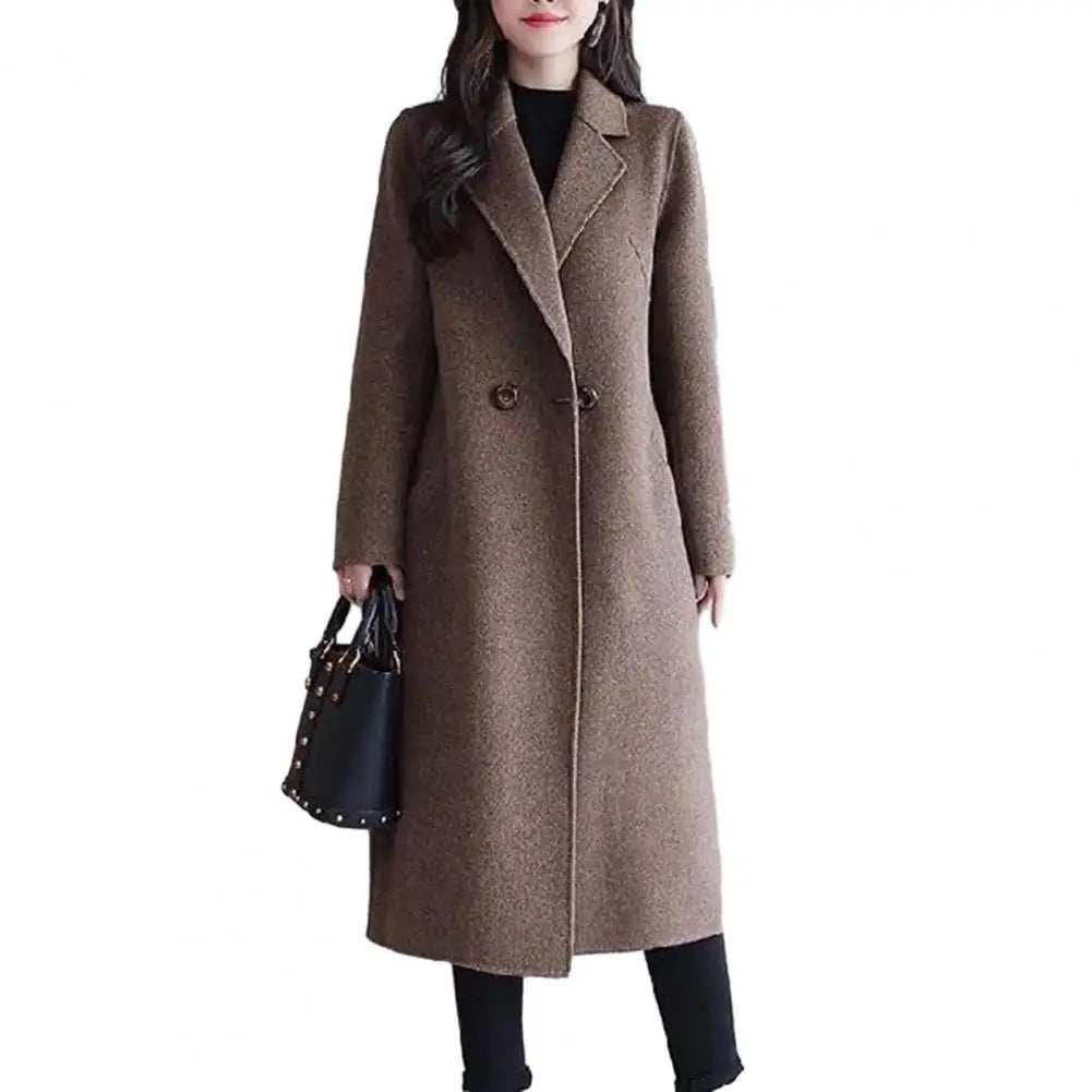 Women Woolen Coat Elegant Lapel Woolen Coat with Two Buttons Pockets for Women Stylish Mid-length Cardigan Outwear for Autumn