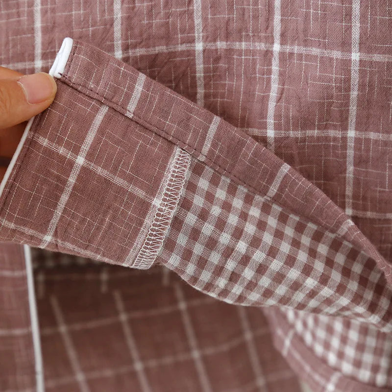 2025 Japanese New Men's Spring/Summer Pajama Set 100% Cotton Plaid Long Sleeve Pants Two Piece Set Large Relaxed Home Furnishing