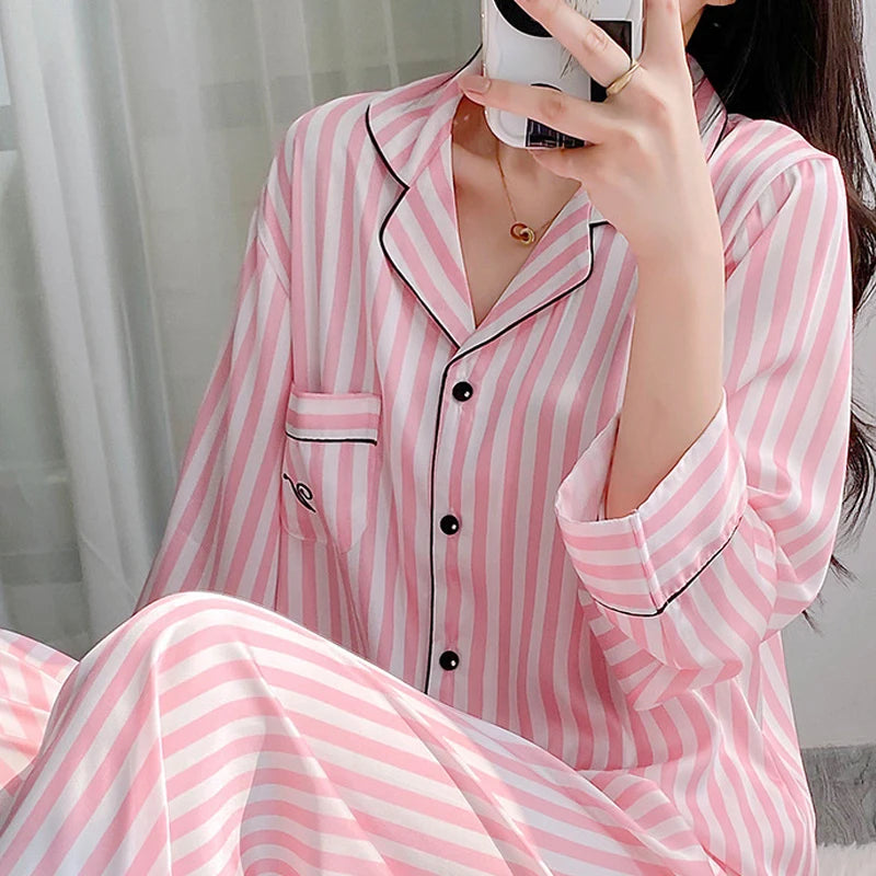 Pink Striped Pajama Set Loungewear Long Sleeves Pants Home Wear Women's Printed Lapel Sleepwear Satin Loose Casual Nightwear