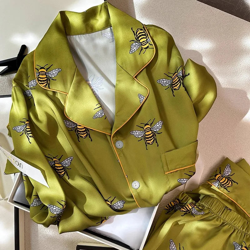 Women's 2PCS Pajama Set Pocket Silk Satin Sleepwear Spring Autumn fashion Print Pyjama Long Sleeve Pijama Mujer Pjs Homewear