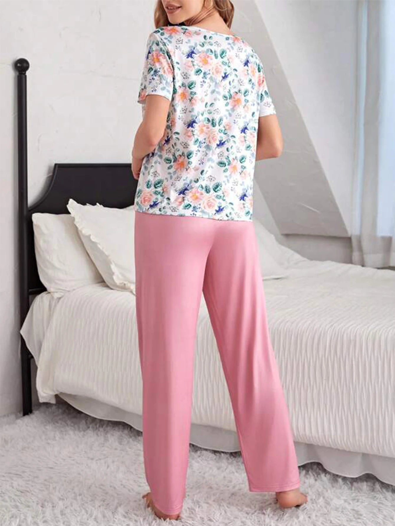 Casual Floral Print Pajama Set Short Sleeve Round Crew Neck Top Elastic Pants Women's Sleepwear Loungewear Set