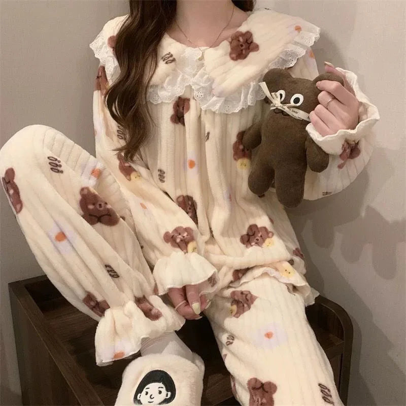 Cartoon Pajama Sets Women Pyjamas Warm Flannel Sleepwear Girl Pijama Set Suit Pant Home Korean Peach Sleep Lace Sleepwear