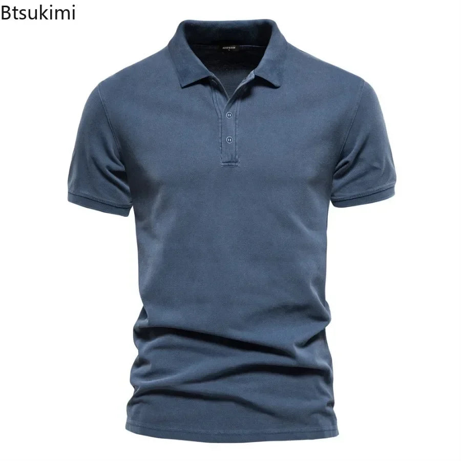 2025 Men's Summer Short Sleeve Lapel Polo Shirts 100% Cotton Solid Slim T-shirts Fashion Casual Business Golf Sport Tops for Men