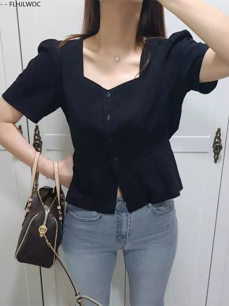 Cotton Linen Short Crop Tops Blouses Retro 2025 Summer Girls Chic Korea Woman Slim Fitted Bodycon Slit Peplum Top Button Shirts