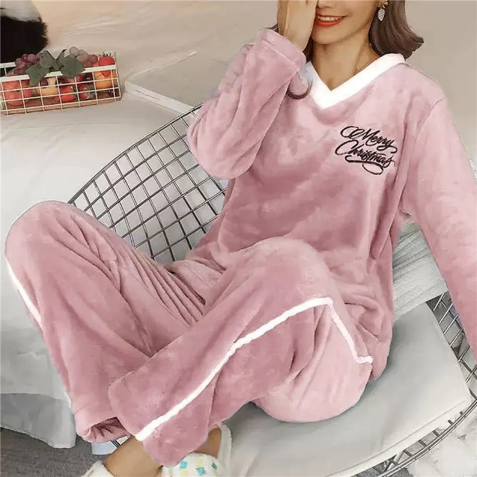 Autumn Winter Flannel Women's Pajamas Sets Polka Dots Printed Teddy Sleepwear Velvet Homewear Kawaii Girsl Pijamas Mujer Pyjama