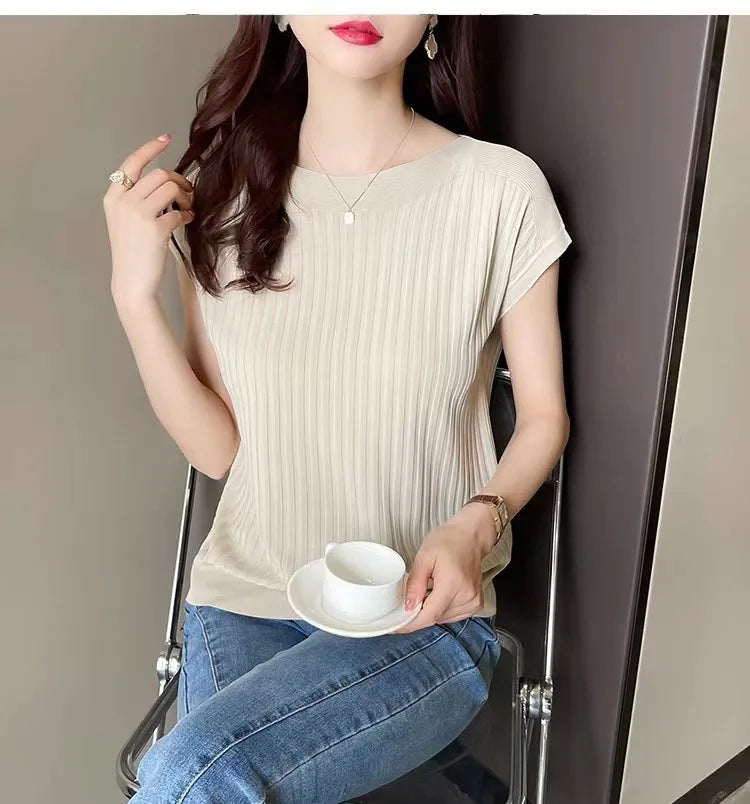 2025 New Spring Autumn Fashion Straight Neck Knitted Sweater Short Sleeve Women Solid Color Simple Casual Tops Fema