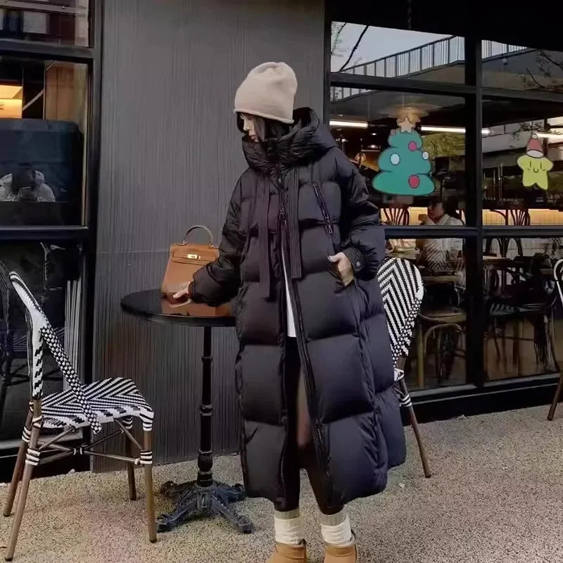 Black Winter Coat 2025 New Women's Thick Cotton Parka Jacket Korean Oversized Loose Hooded Coats Female Casual Long Overcoat