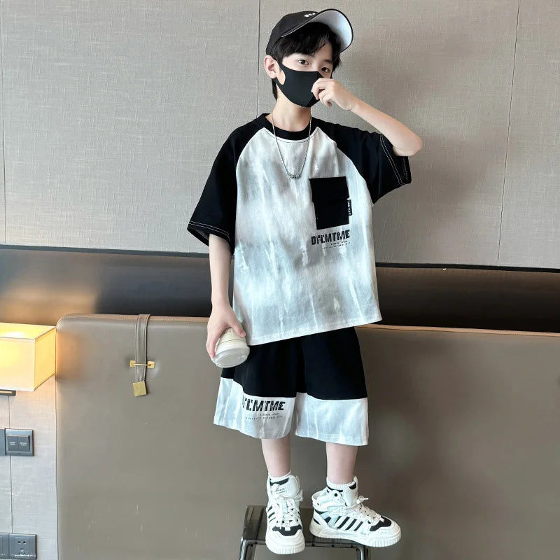 Boys Clothes Sets With Front Pocket 2025 Summer New Tshirts + Shorts Children's Clothes High Quality Kids Boy Sport Suits 5-14T