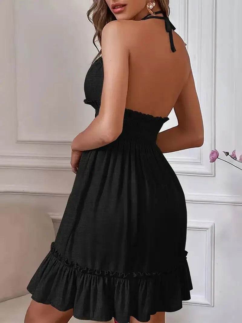 Women's Clothing European Dresses popular deep V-rope suspender black fungus edge parallel wrinkled seam backless sexy dress