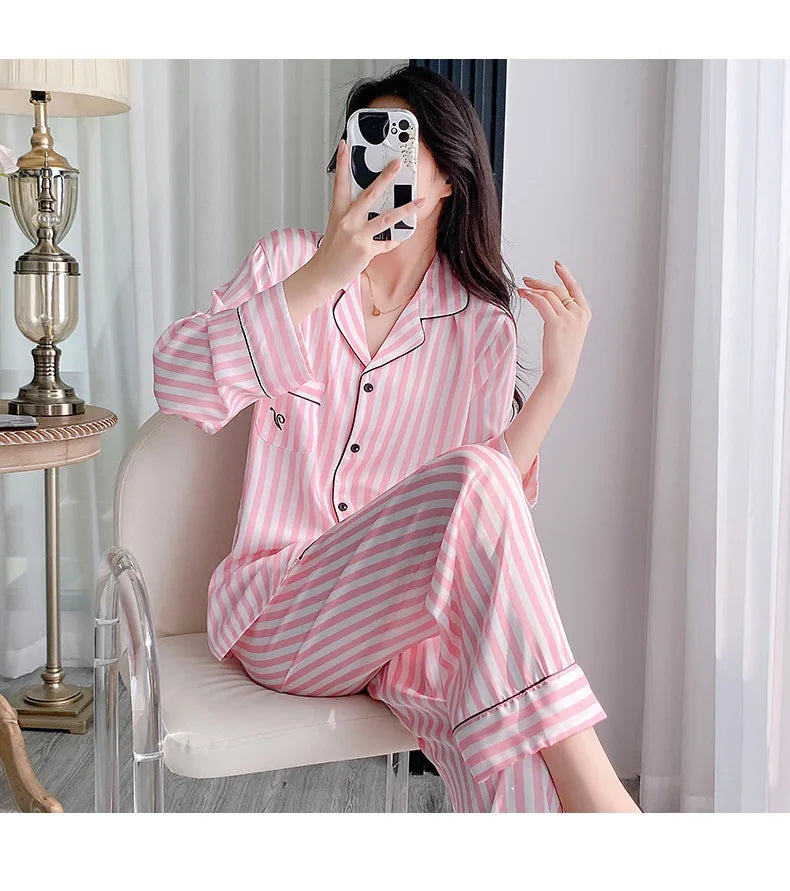 Pink Striped Pajama Set Loungewear Long Sleeves Pants Home Wear Women's Printed Lapel Sleepwear Satin Loose Casual Nightwear