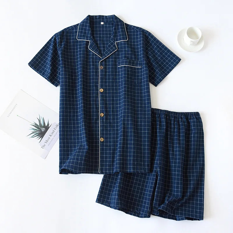 New2025 Men's Summer PajamasThin Short-sleeved Shorts Soft Cotton Simple Japanese Plaid Home Service Suit Pantalon Pijama Hombre