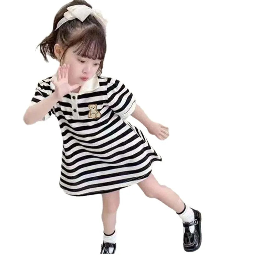 Summer Girl Dress Bear Embroidered Polo Neck Dresses Striped A-line Skirt Princess Skirt Soft and Comfortable Children Clothes