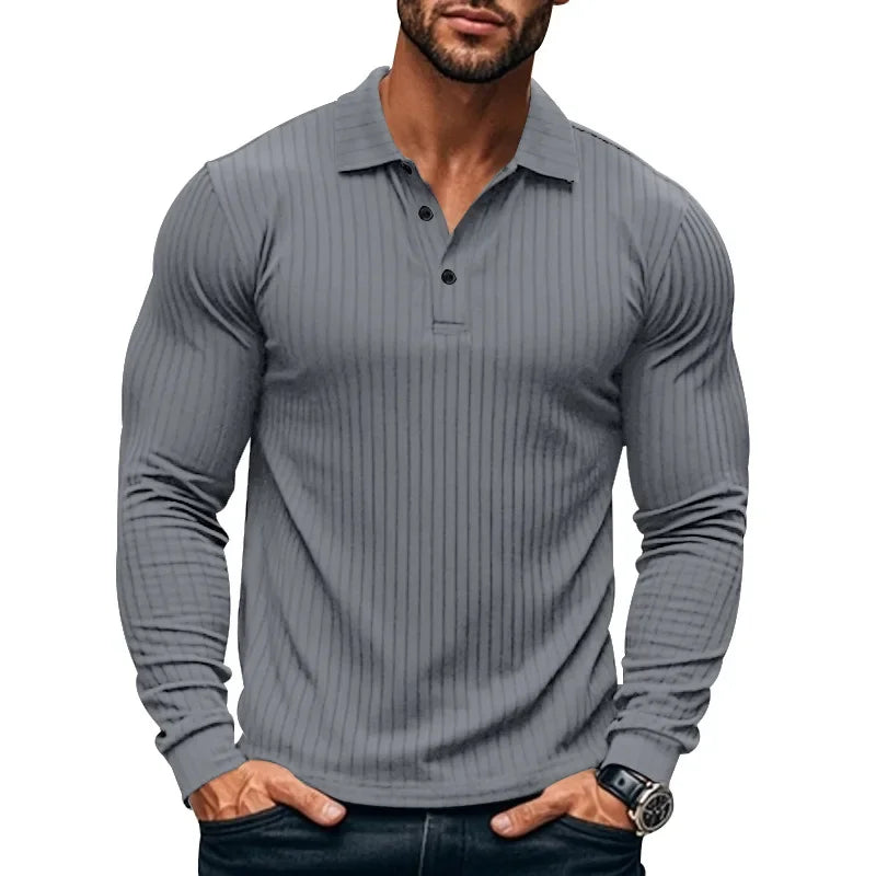 Business Striped Polo Shirt Men 2025 Autumn Men's American Lapel Tops Button-up Long-sleeve T-shirt Elastic Stripe Polo Shirts