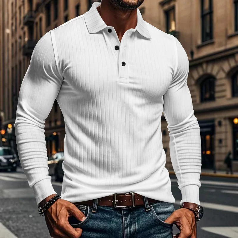 Business Striped Polo Shirt Men 2025 Autumn Men's American Lapel Tops Button-up Long-sleeve T-shirt Elastic Stripe Polo Shirts