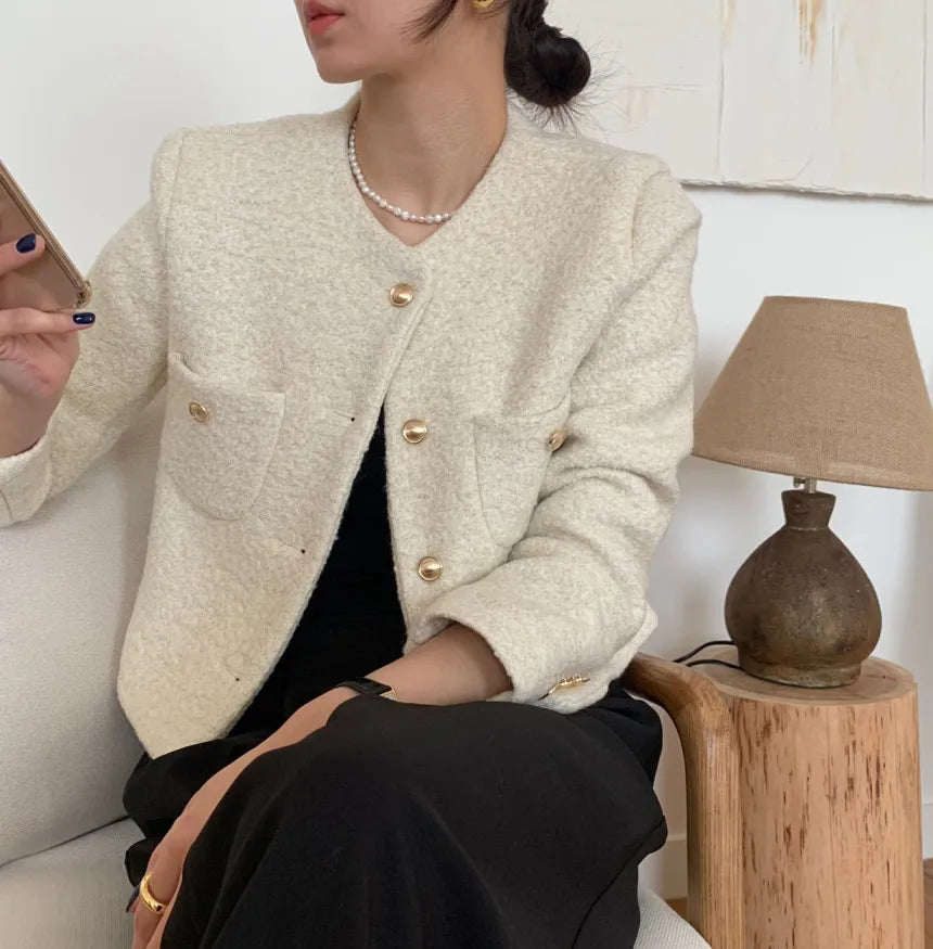 Women Autumn Winter 2025 French Vintage Coat Temperament High Quality Korean Casual Single Breasted Slim Tweed Jackets