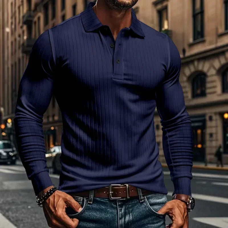 Business Striped Polo Shirt Men 2025 Autumn Men's American Lapel Tops Button-up Long-sleeve T-shirt Elastic Stripe Polo Shirts