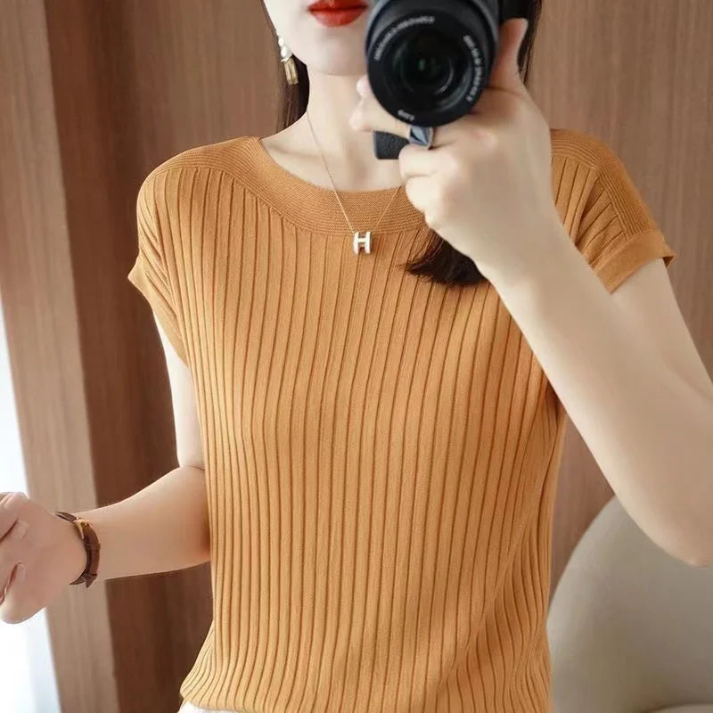 2025 New Spring Autumn Fashion Straight Neck Knitted Sweater Short Sleeve Women Solid Color Simple Casual Tops Fema
