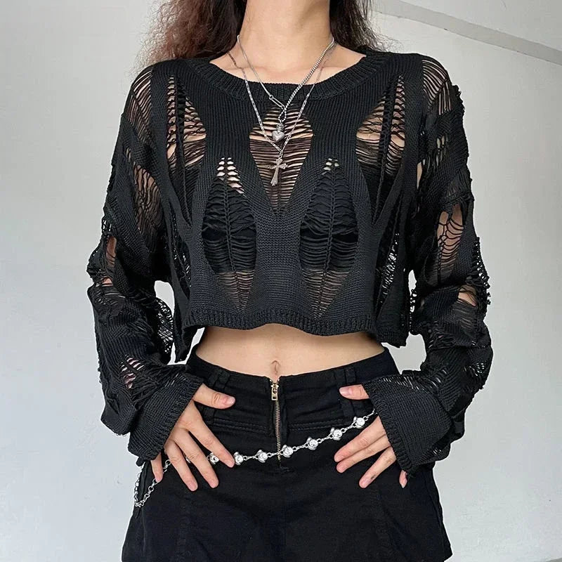 Vintage Hole Ripped Knitted Smock Tops Sexy Fashion Cropped Pullover Hollow Out Spring Autumn Sweater Knitwear Y2k Top Clothes