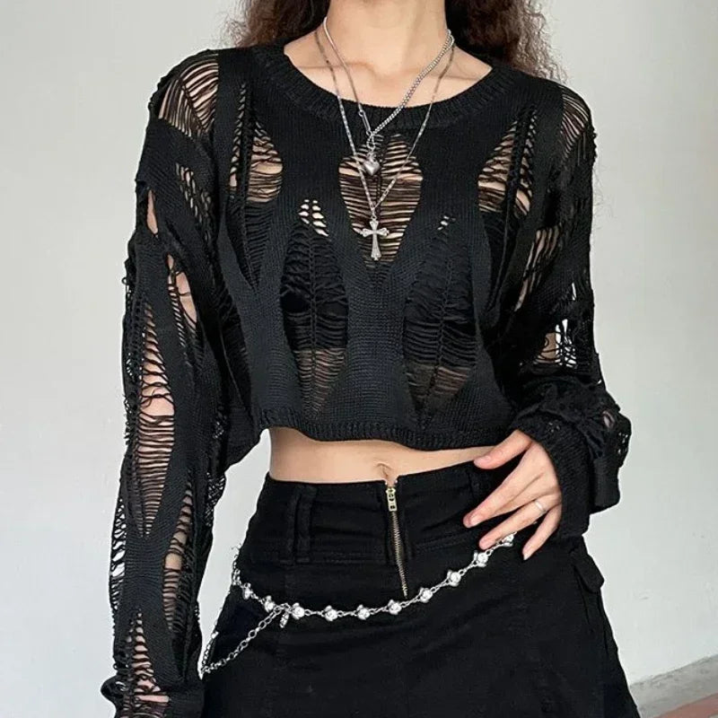 Vintage Hole Ripped Knitted Smock Tops Sexy Fashion Cropped Pullover Hollow Out Spring Autumn Sweater Knitwear Y2k Top Clothes